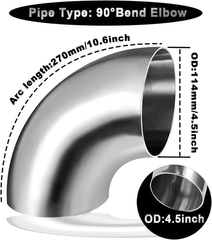 Cotonake 4.5 Inch Exhaust Elbow Pipe 90 Degree Bend Elbow for Car Modified Exhaust System 4.5" Piping Silver Tone，Stair Handrail (1pcs)