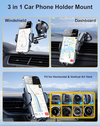 Purple 3-in-1 Phone Holders for Your Car [2025 Most Stable and Flexible Suction Cup] Vent Dashboard Windshield Cell Phone Car Mount Fit for iPhone, Samsung, All Phone (3 Count)