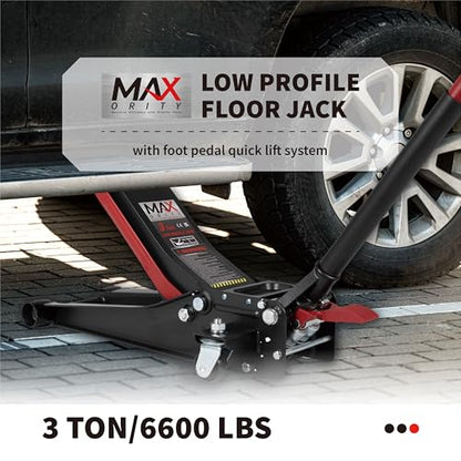 3-Ton (6600lbs) Low-Profile Dual Pistons Heavy-Duty Steel Racing Floor Jack with Quick Lift Hydraulic Pump, Foot Pedal and Magentic Pad for Car Maintenance