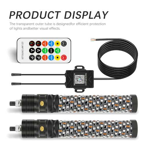 2PCS 1FT Fat Spiral Led Whip Lights with APP&Remote Control RGB Chasing Dancing Lighted Antenna Whips Compatible with Can (2 Count)