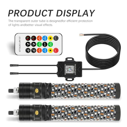 2PCS 1FT Fat Spiral Led Whip Lights with APP&Remote Control RGB Chasing Dancing Lighted Antenna Whips Compatible with Can (2 Count)