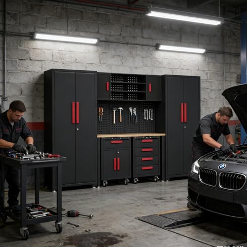 8 Piece Garage Cabinet Storage System with Workbench & Pegboard