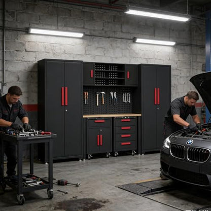 8 Piece Garage Cabinet Storage System with Workbench & Pegboard
