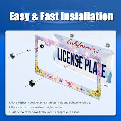 Butterfly Sunflower License Plate Frame Stainless Steel Holder 12.3"x6.3"