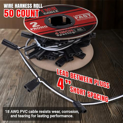 50 Count 2 Prong Wire Harness Roll Double Female Bullet Plug 18 Gauge
