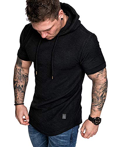 Mens Fashion Hoodies Sport Pullover Solid Color Shirt Workout Lightweight Tops Black Large