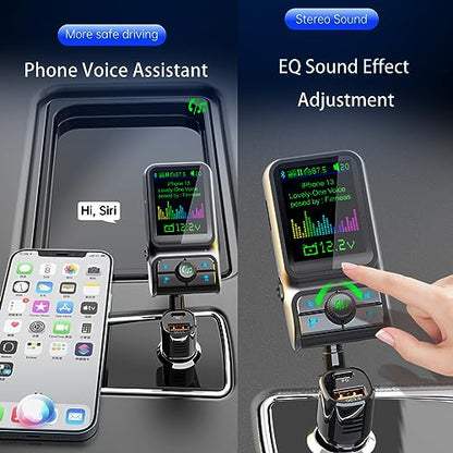 1.8" Color Screen Bluetooth 5.3 FM Transmitter for Car Adapter PD30W USB Port Fast Charge HiFi Treble Bass Player EQ Sound Music Player TF