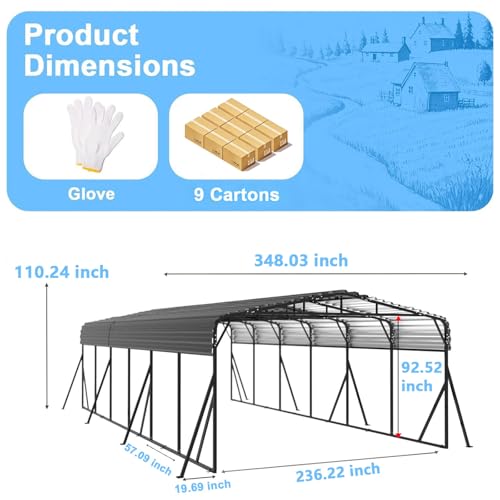 20x30 FT Metal Carport with Extra 8 Side Reinforcement Support Rods