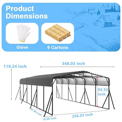 20x30 FT Metal Carport with Extra 8 Side Reinforcement Support Rods