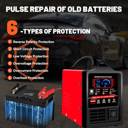 Car Battery Charger 12V 24V Portable Automotive Trickle Charger Battery Maintainer for AGM Car Truck Motorcycle RV Deep Cycle Repair
