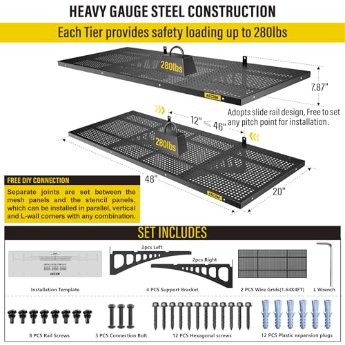 2 Pack 1.64x4ft Adjustable Garage Wall Shelving 560lbs Load Capacity Heavy Duty Wall Mounted Storage Shelf Metal Floating Shelves for Garage (2 Count)