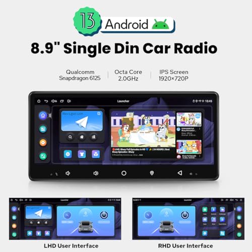 8.9" Single Din Touchscreen Radio Android 13 Head Unit with Carplay and Android Auto 4GB+64GB Detachable Car Stereo with Bluetooth