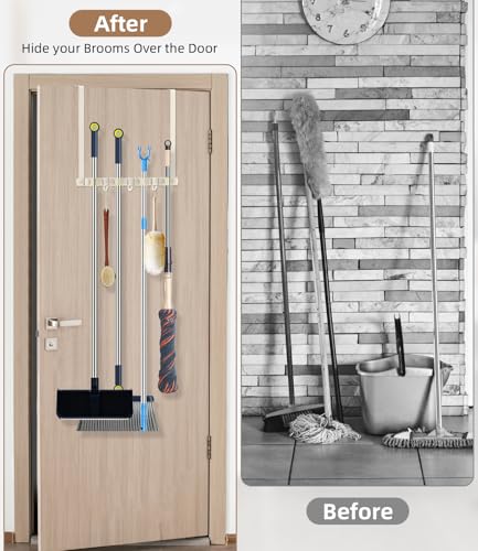 Broom Holder Over The Door with Hooks