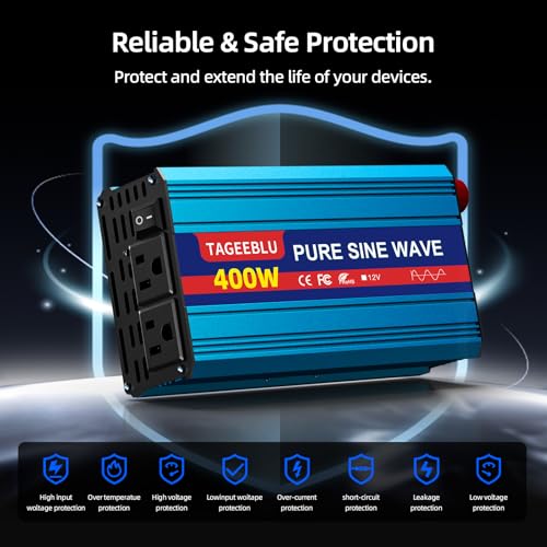 400W Pure Sine Wave Power Inverter 12V DC to 110V 120V AC for Vehicles