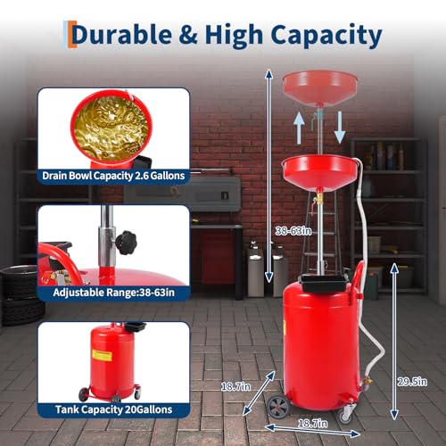 20 Gallon Waste Oil Drain Tank Portable Air Operated Oil Drainer with Adjustable Funnel Height 38