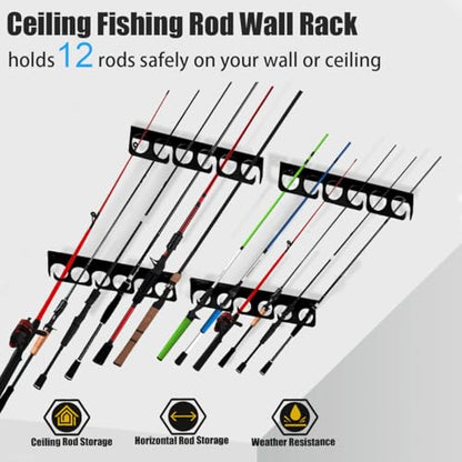 Fishing Rod Rack Pole Wall or Ceiling Storage Holder Hook Keeper Display Hanger Organizer Mount for Garage (4 Count)