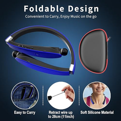 Foldable Bluetooth Headphones Wireless Neckband Headset with Retractable Earbuds