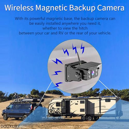 Wireless Backup Camera Solar Magnetic for RV Car Trailer Truck Camper 5th Wheels Hitch Towing No Wiring No Drilling Rechargeable Night Vision Portable Backup Camera with 5" 1080P HD 2