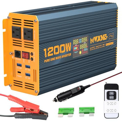 1200 Watt Pure Sine Wave Power Inverter DC 12V to 110V AC Converter with Dual AC Outlets