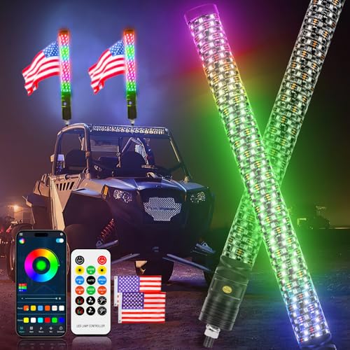 2PCS 2FT Fat Whip Lights 360°Spiral Chase Offroad Warning Lighted Antenna LED Whips Side by Side with Turn Signal Brake Reserving Lights for UTV ATV RZR Can (2 Count)