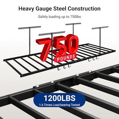 4x8 Overhead Garage Ceiling Storage Rack with 6 Hooks