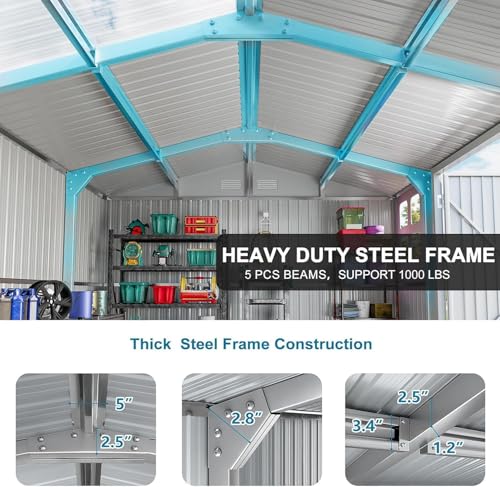 12x10 FT Metal Storage Shed with Unique Base Sunroof Window Lockable Double Door Vent