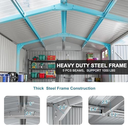 12x10 FT Metal Storage Shed with Unique Base Sunroof Window Lockable Double Door Vent