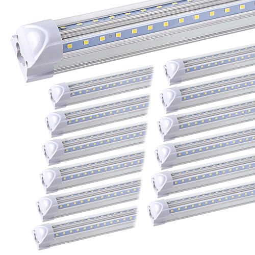 12-Pack) 8ft LED Shop Light Fixture, 100W 15000LM 6000K, Cold White, V Shape, Clear Cover, Hight Output, Linkable Shop Lights, T8 LED Tube Lights for Garage 8 Foot with Plug