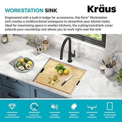 Kore 21 Inch Undermount Workstation 16 Gauge Stainless Steel Single Bowl Kitchen Sink n PVD Gunmetal Finish with Accessories