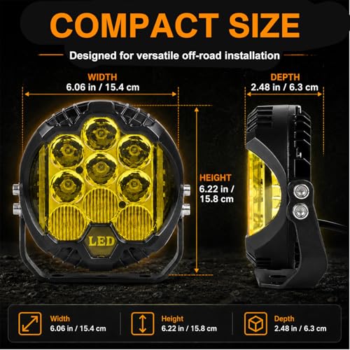 2PCS 7 Inch Yellow Round Side Shooter Offroad Fog Lights Amber DRL 90W 3 Modes 270° Wide Range Super Bright LED Pods Light Kit for Pickup Truck ATV UTV SUV with Wiring Harness