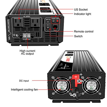 3000W Pure Sine Wave Inverter 12V DC to 120V AC Converter for Home