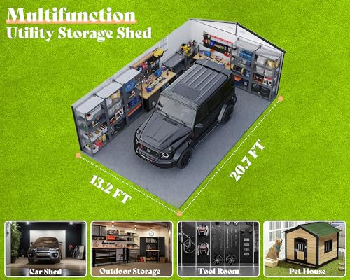 13x21x8 FT Garage Shed with Double Hinged Doors & 4 Windows