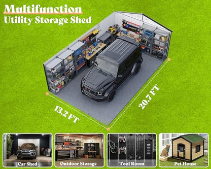 13x21x8 FT Garage Shed with Double Hinged Doors & 4 Windows