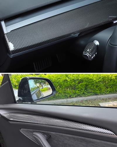 Glossy Carbon Fiber Pattern Dashboard Cover and Front Door Cover Compatible with Tesla Model 3（2021