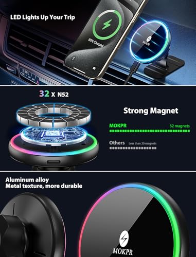 for Magsafe Car Mount Charger 15W LED RGB Car Phone Holder for Dash Vent