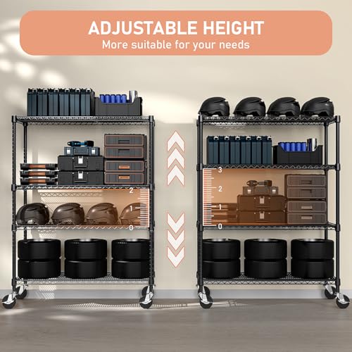 53" W Storage Shelves 1760LBS 4 Tier Metal Shelving Unit with Wheels Heavy Duty Garage Shelving Adjustable Wire Shelves for Pantry