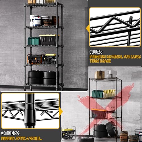 1250 lbs 5 Tier Shelf Metal Storage Shelves Wire Rack Closet Organizers for Garage Kitchen Bathroom Laundry Black 11.8" D x 23.6" W x 59.5" H (5 Count)