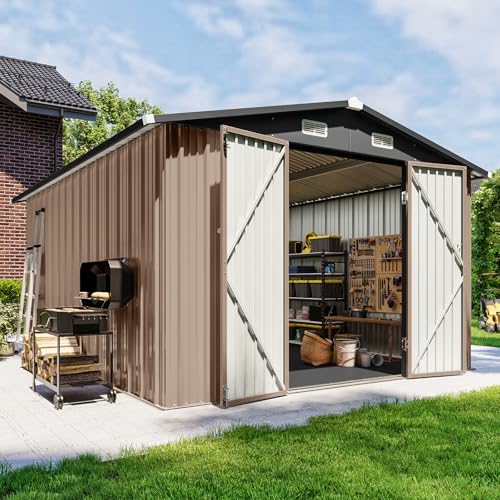 10x12 FT Outdoor Storage Shed with Floor & Lockable Double Doors