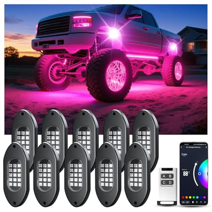 LED RGB Rock Lights for Trucks 10 Pods with APP and Remote Control (10 Count)
