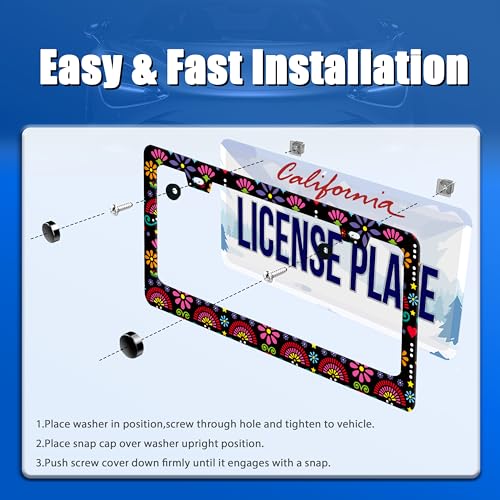 Folk Flowers License Plate Frame Stainless Steel Accessory 12.3x6.3 Inch