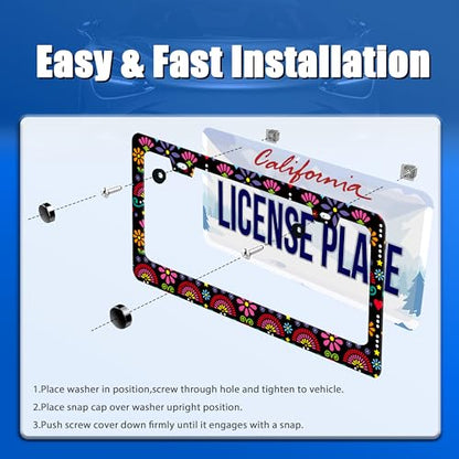 Folk Flowers License Plate Frame Stainless Steel Accessory 12.3x6.3 Inch
