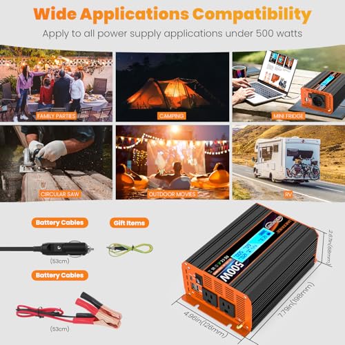 500 Watt Pure Sine Wave Power Inverter 12V DC to 110V 120V Converter for Home