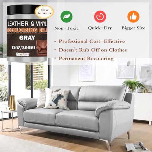 Gray Leather Recoloring Balm Vinyl Auto Dash Board Car Seats Interior Paint Furniture Dye Color Restorer Shoes Sofa Gloves Jacket Purse Bag Couch Stain Remover Fade Scratches Wear Out Repair (12 Fl Oz)