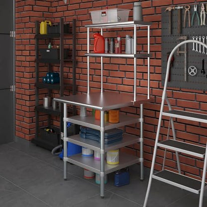 30" x 30" Stainless Steel Work Table with 3 Shelves and 12" Wide Double Tier Overshelf