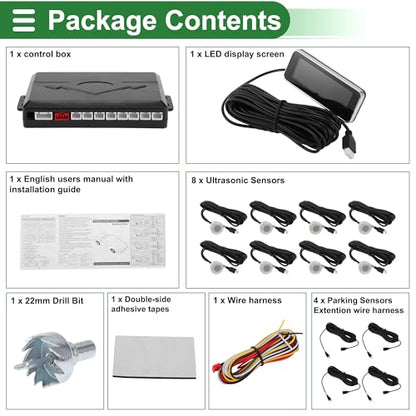 Auto Vehicle Reverse Backup Radar System Reverse Parking Sensors Sound Warning Alarm Buzzer Reminder Distance Detection Silver Tone 8 Parking Sensors