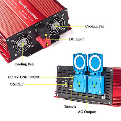2000W Pure Sine Wave Inverter 12V to 120V AC with 2 AC outlets