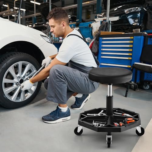 Rolling Mechanic Stool with Removable Tool Tray & Padded Cushion