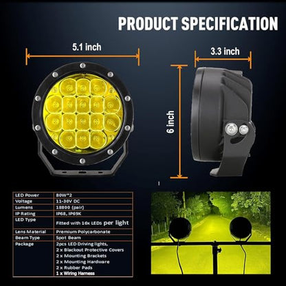 5Inch 160W Round Offroad Lights 18800LM LED Amber Fog Lights Yellow Driving Light Bar Off Road Spot Light Pods With Wiring Harness IP69K for Car Trucks SUV