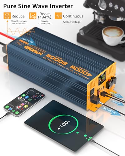 4000W Pure Sine Wave Power Inverter DC 24V to AC 110V 120V for Home RV with Dual AC Outlets 1 USB