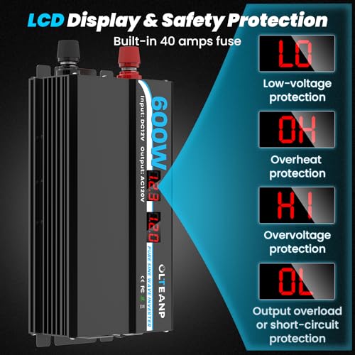 600W Pure Sine Wave Inverter 12V DC to 120V AC Converter for RV